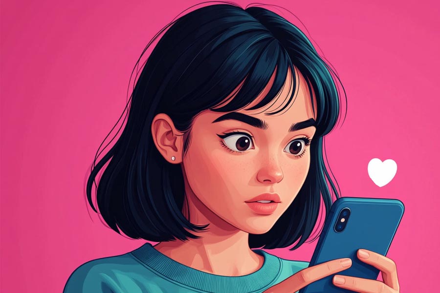 Лайки в соцсетях это проявление конформности. Девушка смотрит в телефон и ждет лайк